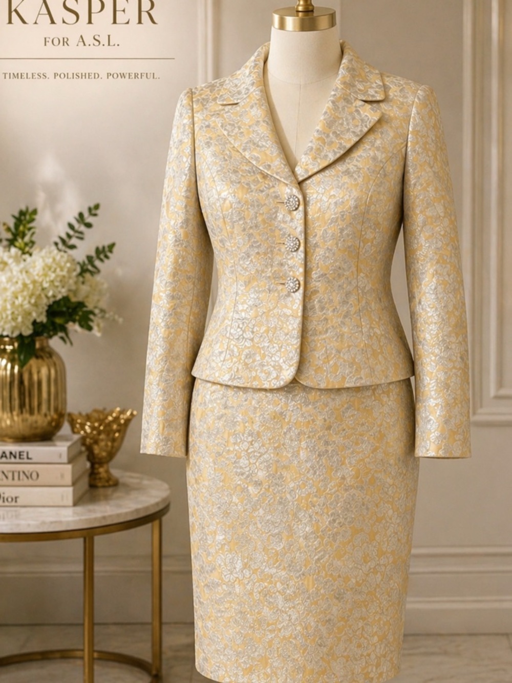 Kasper Metallic Gold and Silver Brocade Blazer and Skirt